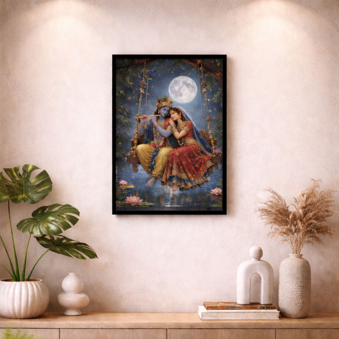 Radha Krishna Romantic Moonlight Wall Frame – Divine Love Spiritual Wall Art | Love Craft Gifts
