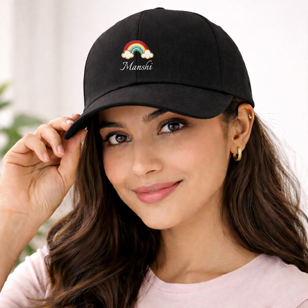 Personalized Rainbow Embroidered Black Cap – Custom Name Adjustable Baseball Hat for Women & Girls | Love Craft Gifts