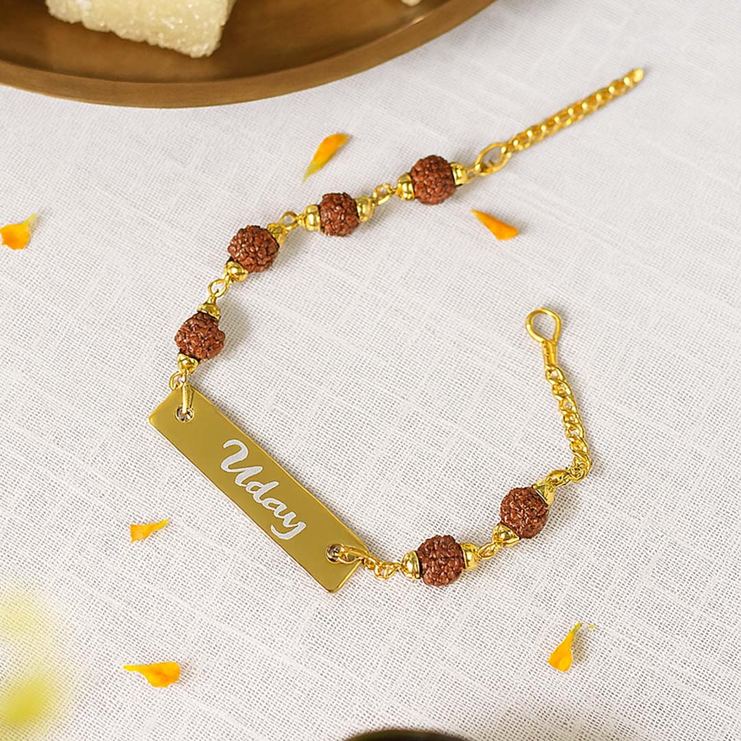 Personalized Rudraksha Rakhi with Engraved Nameplate | Love Craft Gifts