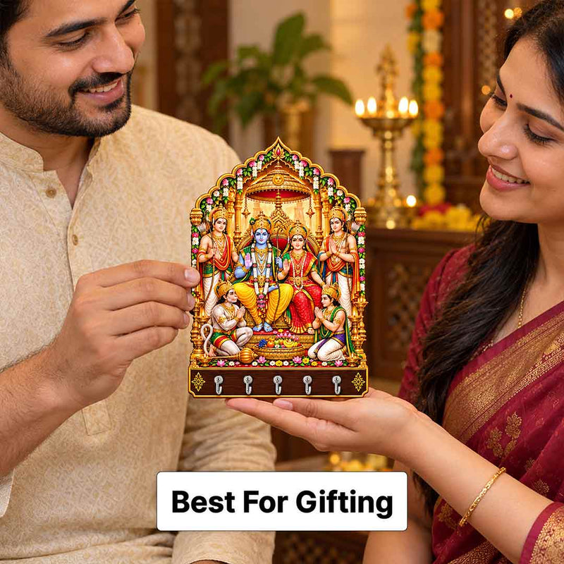 Ram Darbar Wooden Wall Key Hanger with 5 Hooks for Home & Religious Decor | Love Craft Gifts™