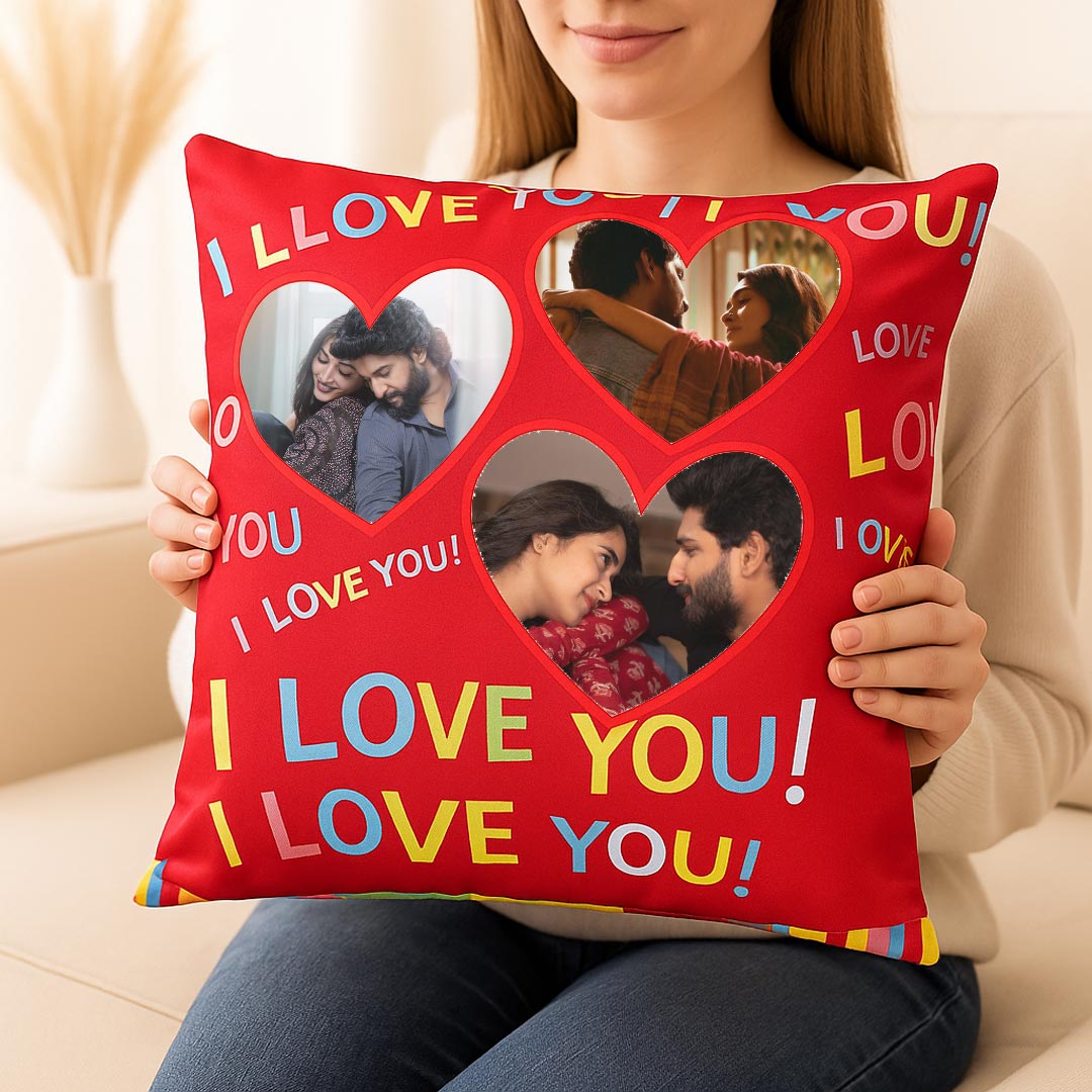 Romantic Red Cushion with Heart-Shaped Photo Frames | Love Craft Gifts