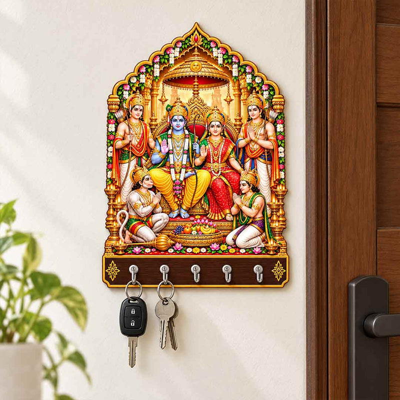 Religious Wooden Key Holder with Ram Darbar Artwork & 5 Metal Hooks | Love Craft Gifts™