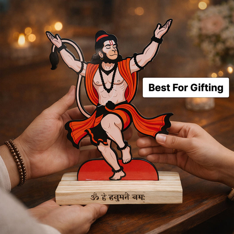 Hanuman Ji Acrylic Stand with Wooden Base – 8x6 Inch Table Top Religious Décor | Love Craft Gifts