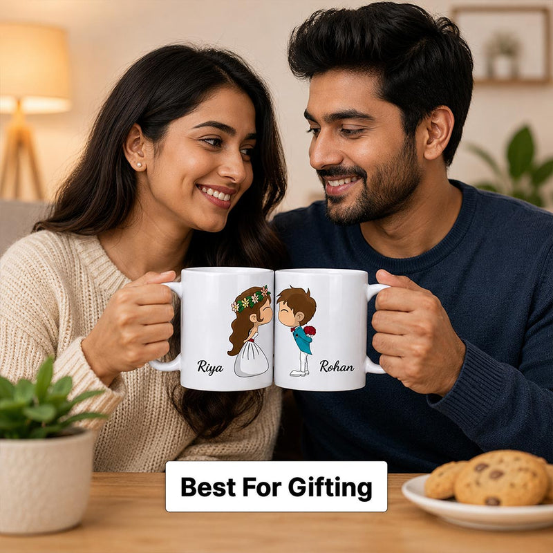 Personalized Couple Cartoon Name Mug Set 250ml | Custom His & Her Ceramic Coffee Mug with Names | Cute Romantic Gift for Anniversary, Valentine, Wedding & Couples | Love Craft Gifts™