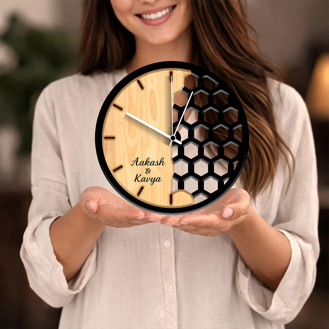 Personalized Couple Designer Wall Clock – Custom Name Modern Wooden Wall Clock (11 Inch) | Love Craft Gifts