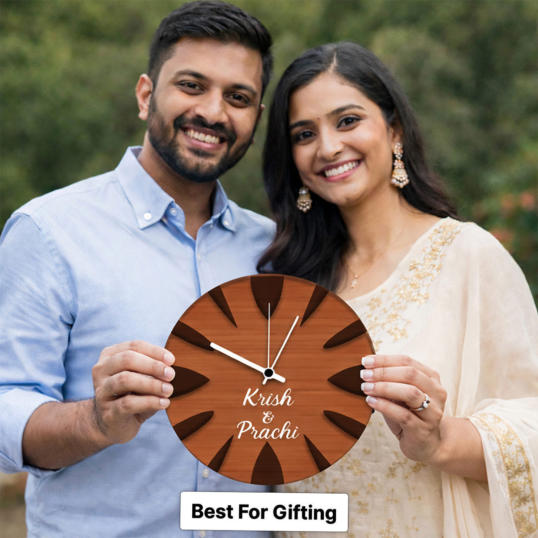 Personalized Couple Name Wooden Wall Clock – Custom Engraved 11 Inch Decorative Wall Clock | Love Craft Gifts