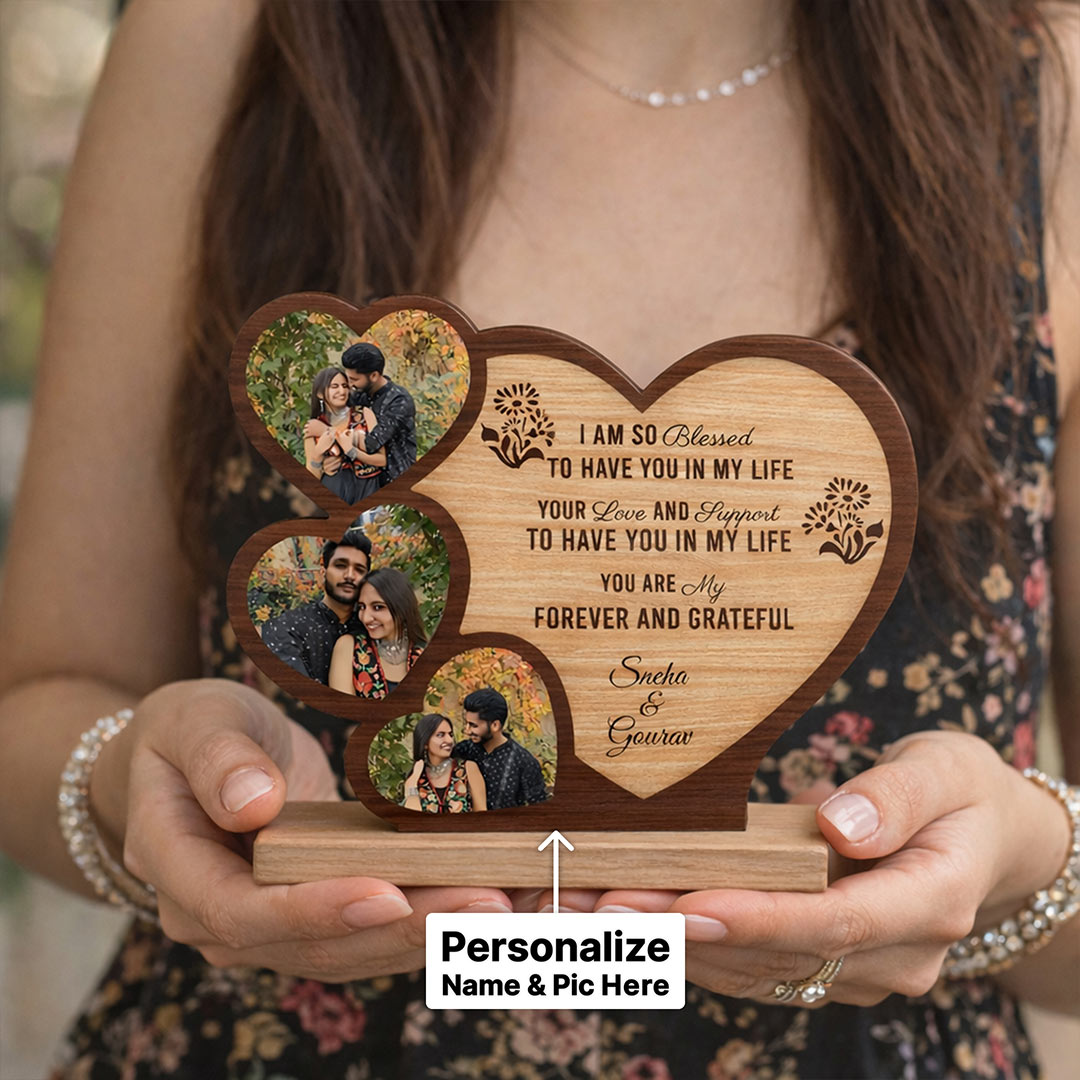 Personalized Couple Heart Photo Frame – Custom Love Message Wooden Frame (7×6 Inch) | Love Craft Gifts