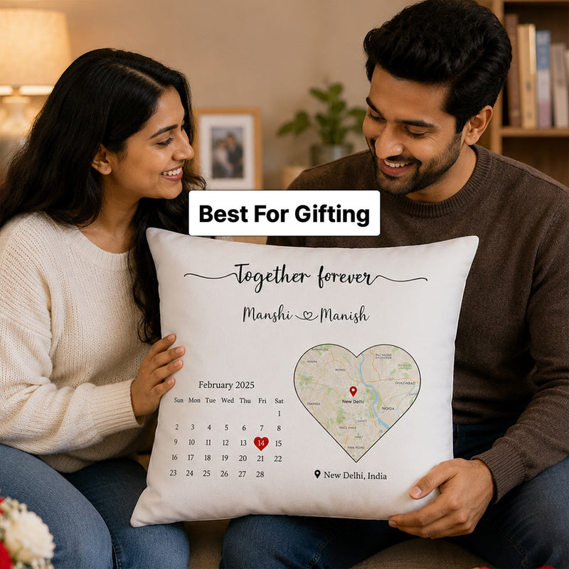Personalized Together Forever Calendar Map Cushion Cover with Custom Names & Date | Romantic Anniversary Gift for Couples, Husband, Wife & Newlyweds - 12x12" | Love Craft Gifts™