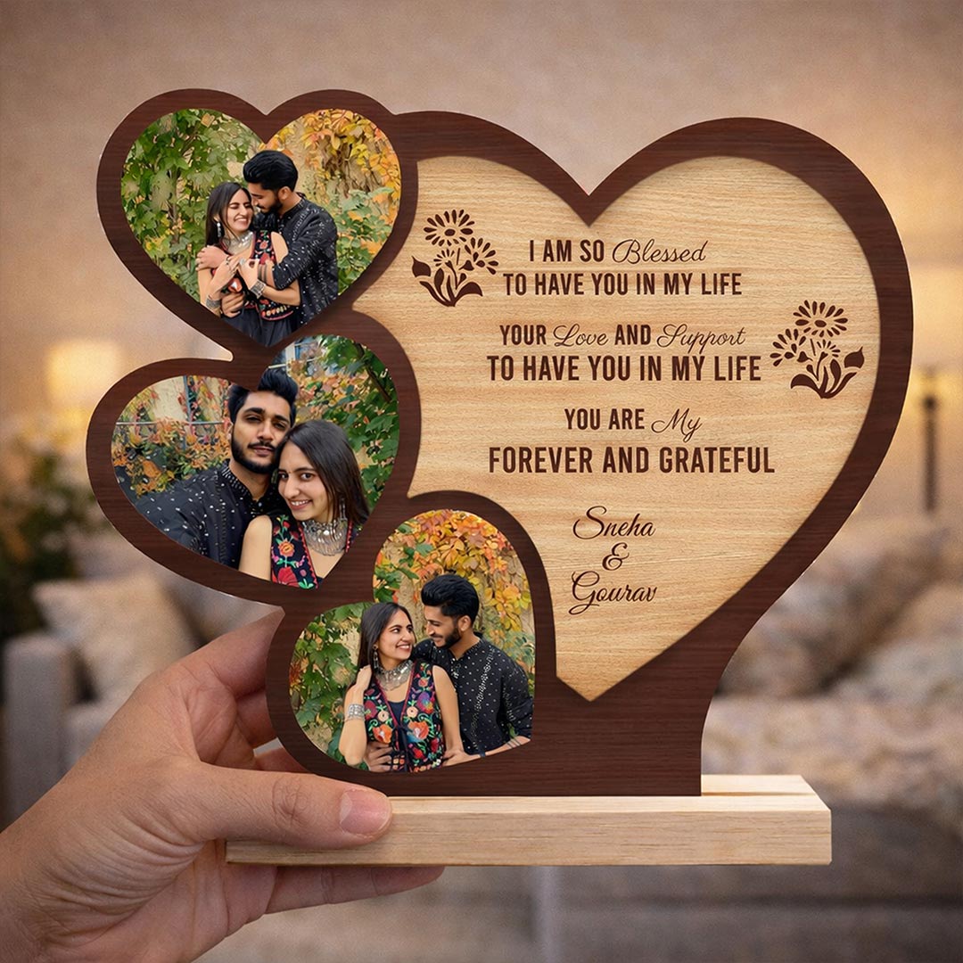 Personalized Couple Heart Photo Frame – Custom Love Message Wooden Frame (7×6 Inch) | Love Craft Gifts