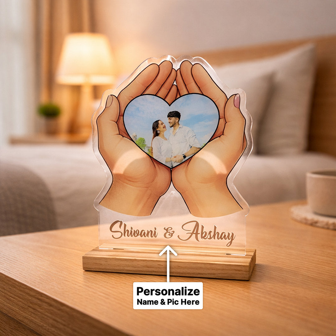 Personalized Holding Hands Heart Photo Acrylic Frame – Custom Couple Photo Table Top Gift (8×6 Inch) | Love Craft Gifts