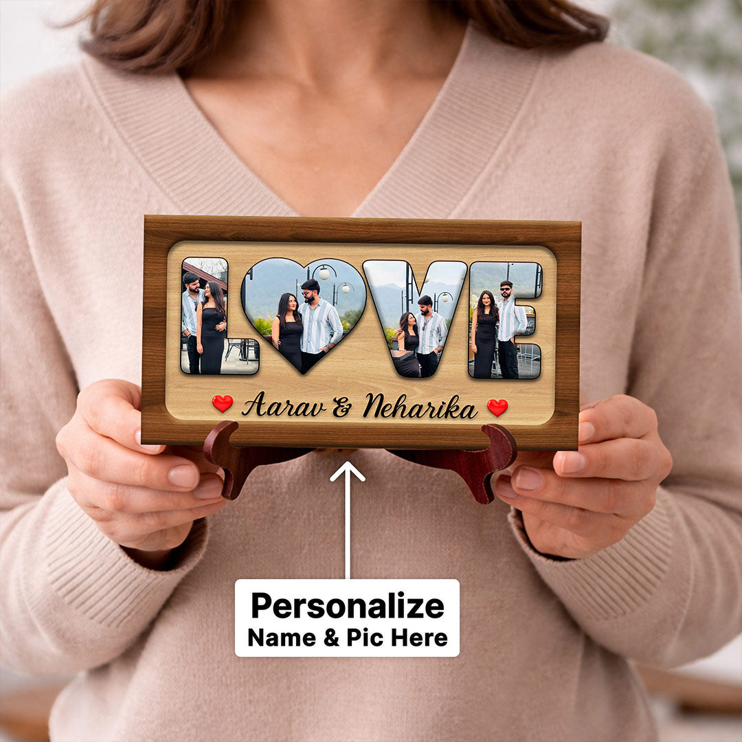 Personalized LOVE Photo Frame with Name – Custom Couple Wooden Tabletop Frame (8 x 5 Inch) | Love Craft Gifts