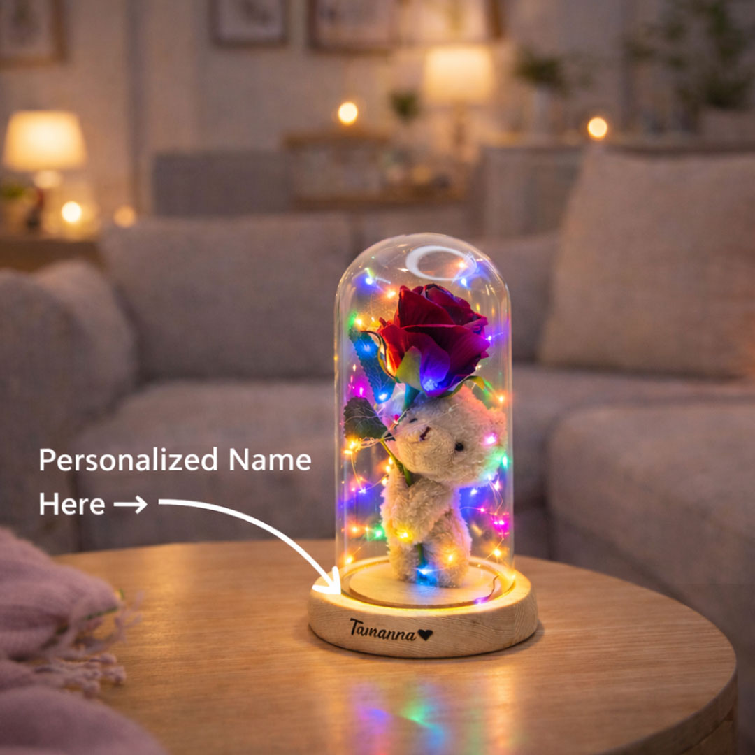 Eternal Rose Glow – Personalized Teddy Dome LED Gift | Love Craft Gifts
