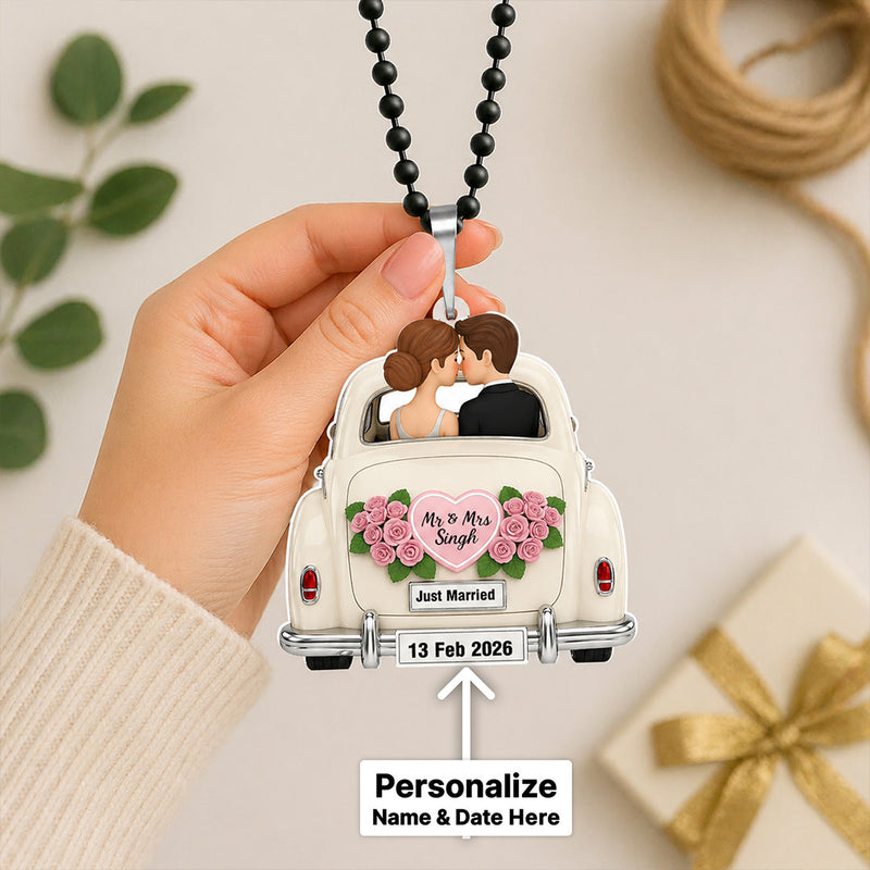 Personalized Just Married Car Hanging with Name & Date 2.5x3" for Couples | Romantic Wedding Car Mirror Accessory | Love Craft Gifts™