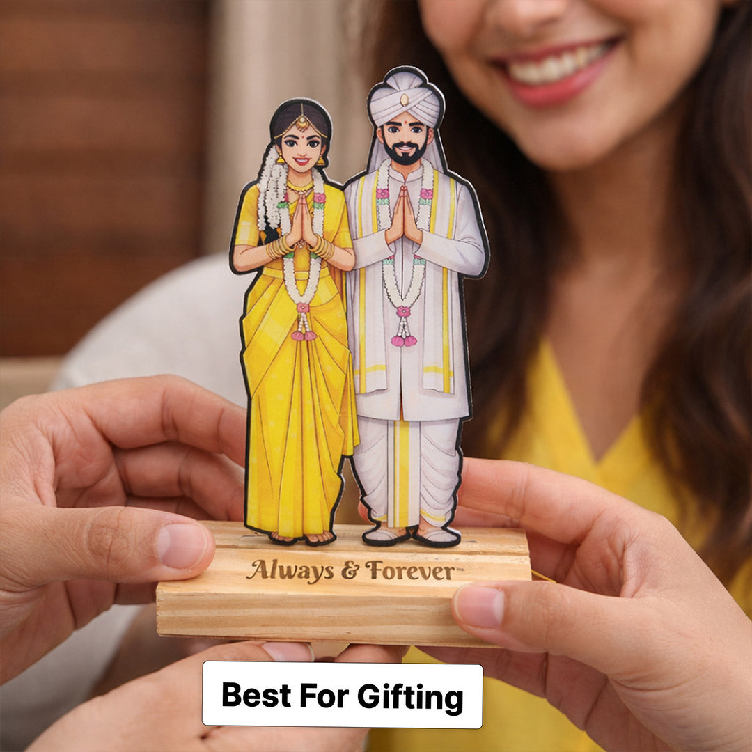 Personalized South Indian Wedding Couple Wooden Stand – Custom Photo Cartoon Wedding Gift Frame (4 × 8 Inch) | Love Craft Gifts