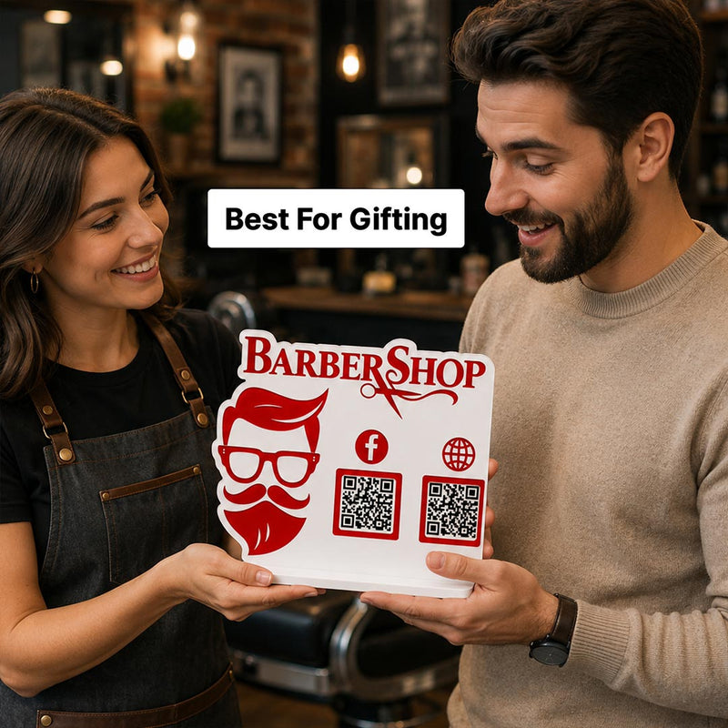 Personalized Barber Shop QR Code Table Stand | Custom Salon Social Media & Payment Scan Display for Barbers & Salons - 9x7.5" | Love Craft Gifts™