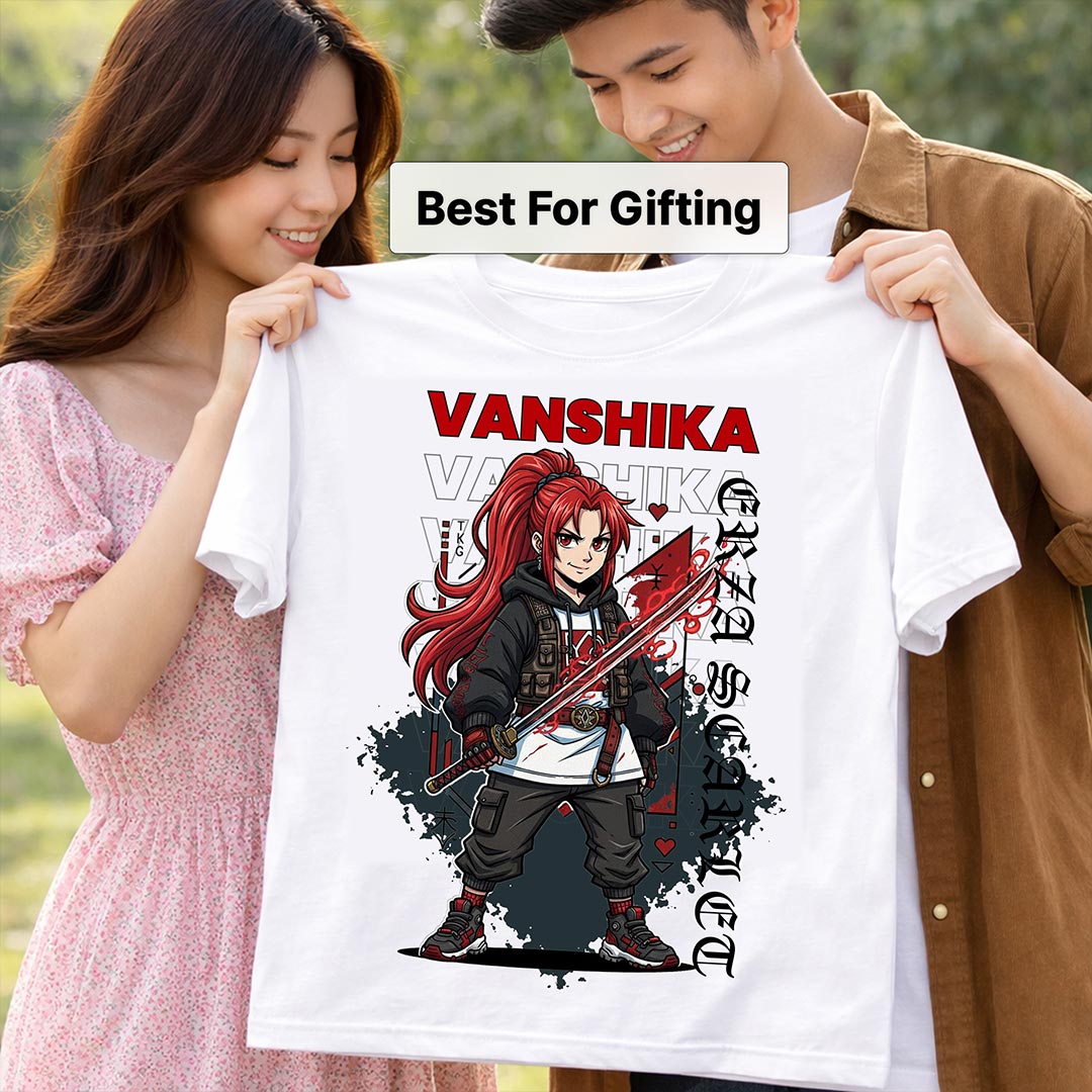Personalized Red Samurai Anime Name T-Shirt for Women – Custom Printed White Tee | Love Craft Gifts
