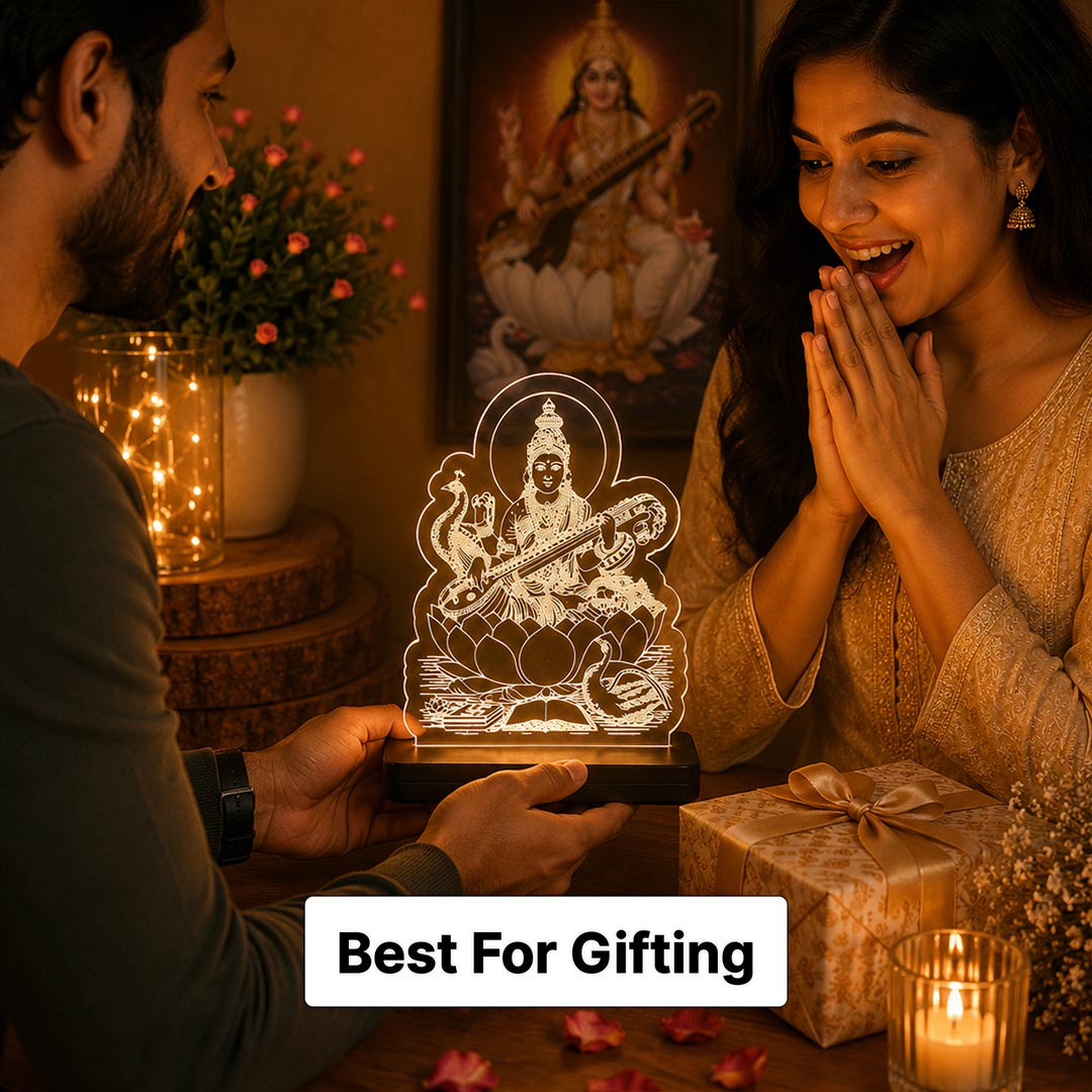 Maa Saraswati LED Acrylic Lamp with Swan – Goddess of Wisdom Decorative Night Light for Study Table, Home Temple & Spiritual Gifting | LoveCraftGifts™