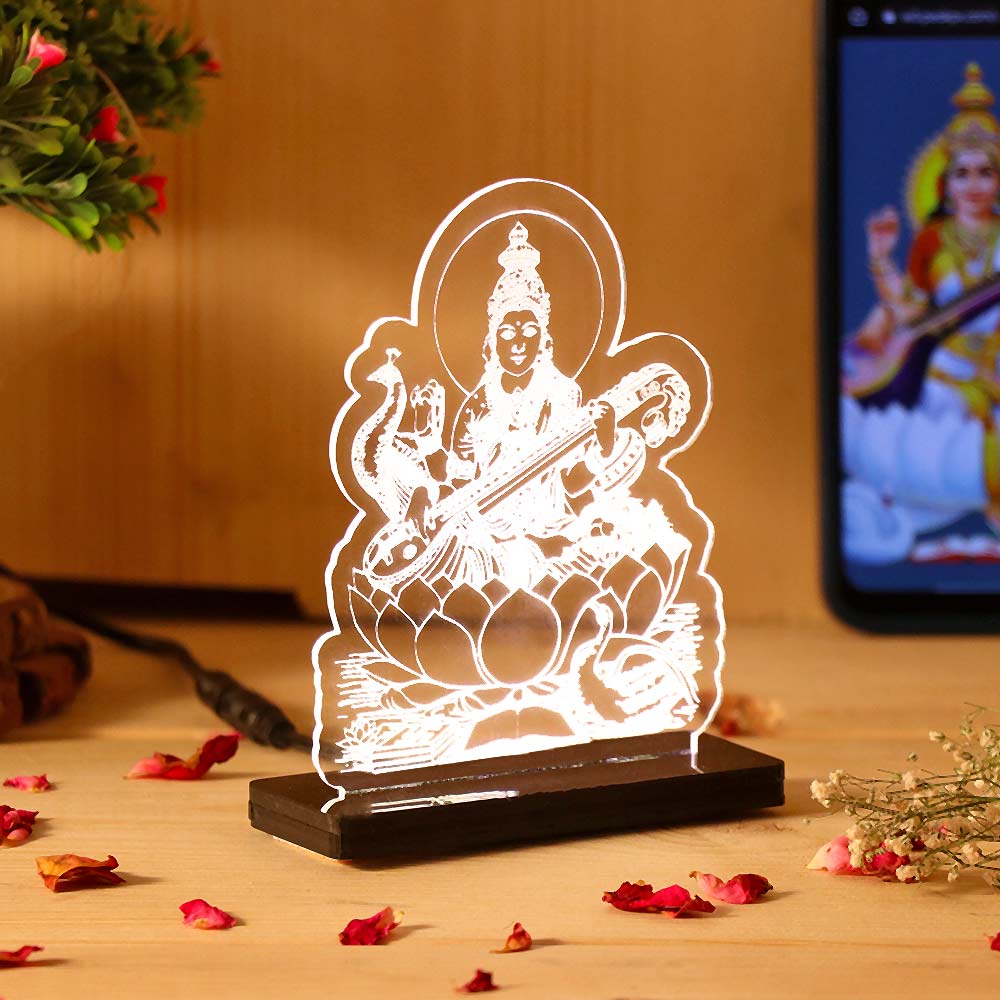 Maa Saraswati LED Acrylic Lamp with Swan – Goddess of Wisdom Decorative Night Light for Study Table, Home Temple & Spiritual Gifting | LoveCraftGifts™
