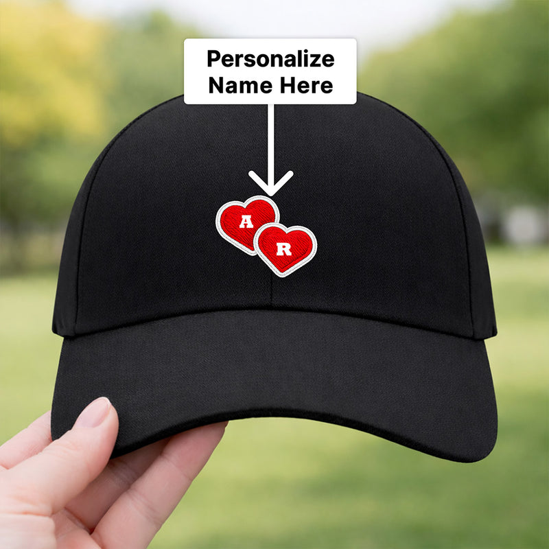 Personalized Couple Printed Black Caps Set of 2 – Custom Initial Heart Design Adjustable Baseball Hats for Him & Her | Love Craft Gifts