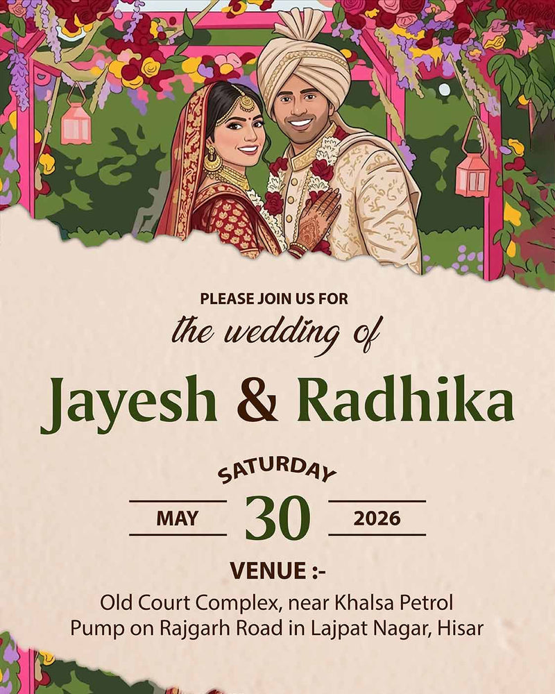 Personalized Illustrated Hindu Wedding Invitation Card | Custom Couple Names, Wedding Date & Venue Details | Traditional Shubh Vivaah Digital E-Invite for WhatsApp | Love Craft Gifts™