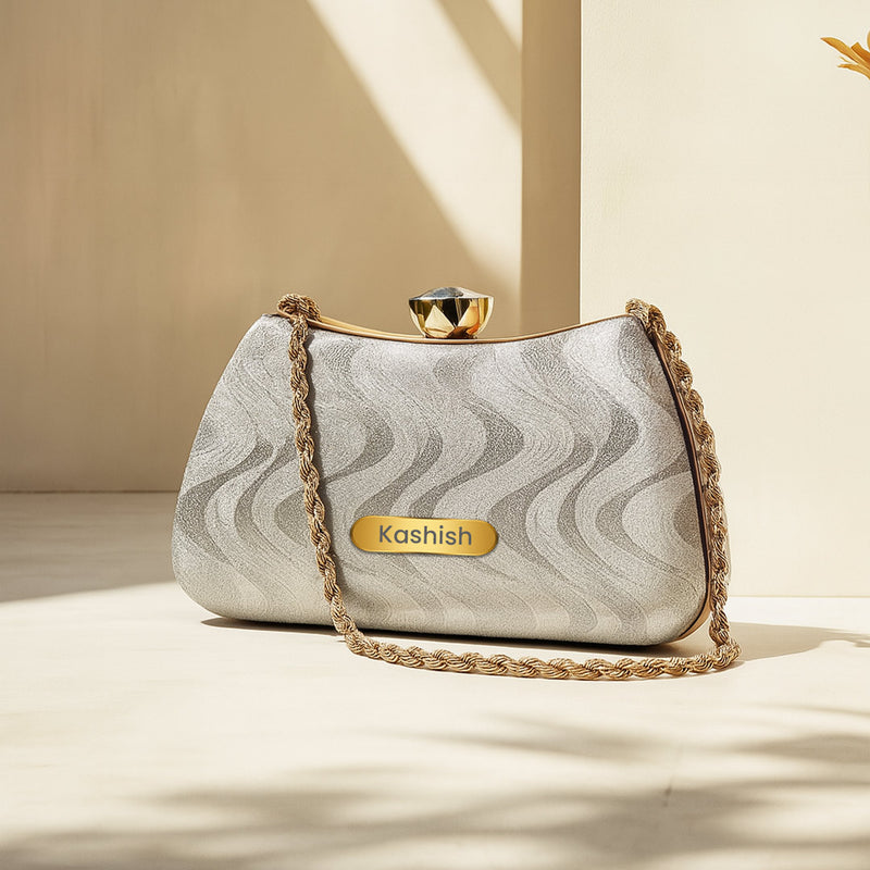Elegant Personalized Silver Party Clutch with Golden Chain | Love Craft Gifts