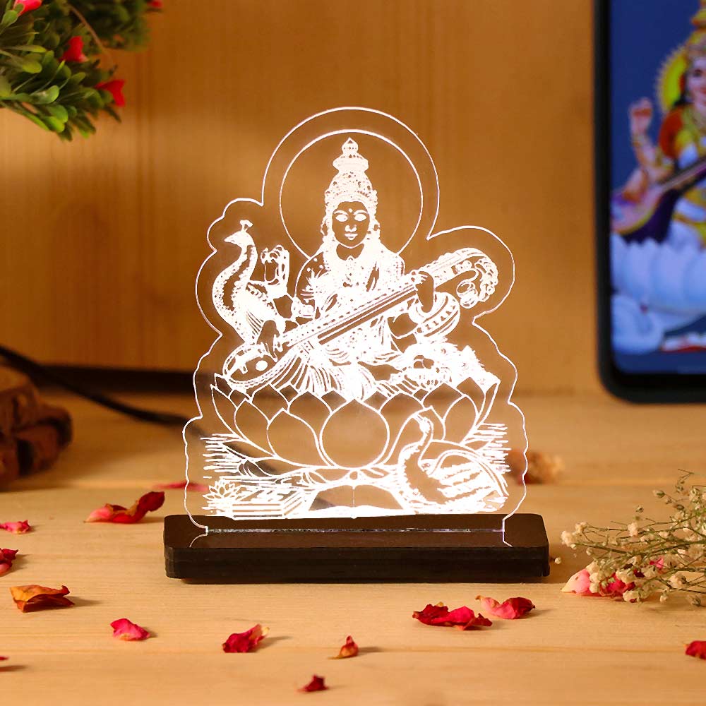 Maa Saraswati LED Acrylic Lamp with Swan – Goddess of Wisdom Decorative Night Light for Study Table, Home Temple & Spiritual Gifting | LoveCraftGifts™