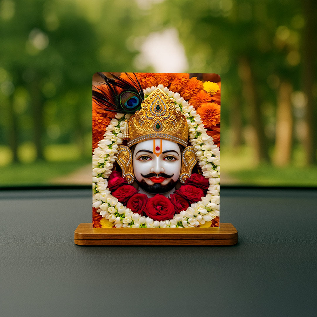 Love Craft Gifts – Khatu Shyam Ji Acrylic Car Dashboard Stand | UV Printed | Premium Wooden Base