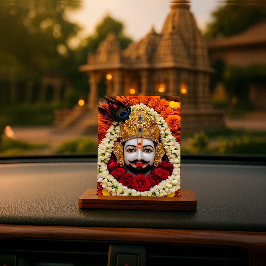 Love Craft Gifts – Khatu Shyam Ji Acrylic Car Dashboard Stand | UV Printed | Premium Wooden Base