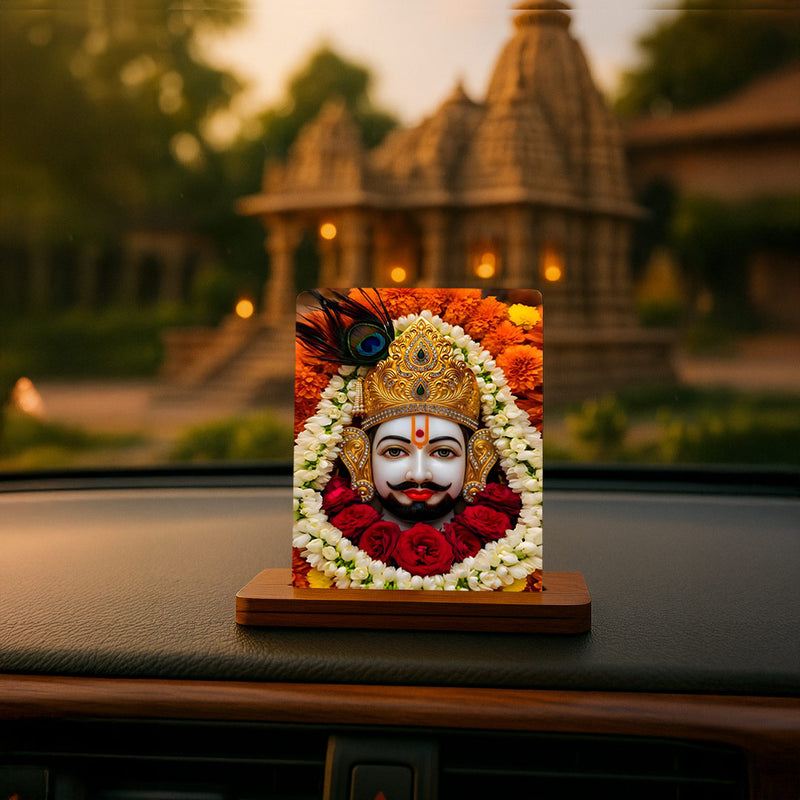 Love Craft Gifts – Khatu Shyam Ji Acrylic Car Dashboard Stand | UV Printed | Premium Wooden Base