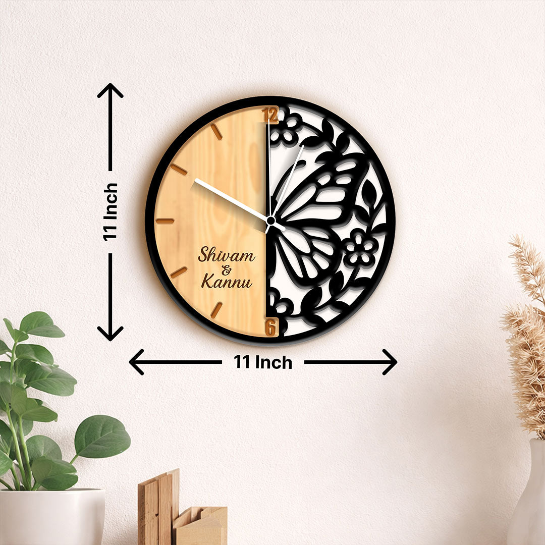 Personalized Butterfly Designer Wall Clock – Custom Name Wooden Couple Wall Clock (11 Inch) | Love Craft Gifts