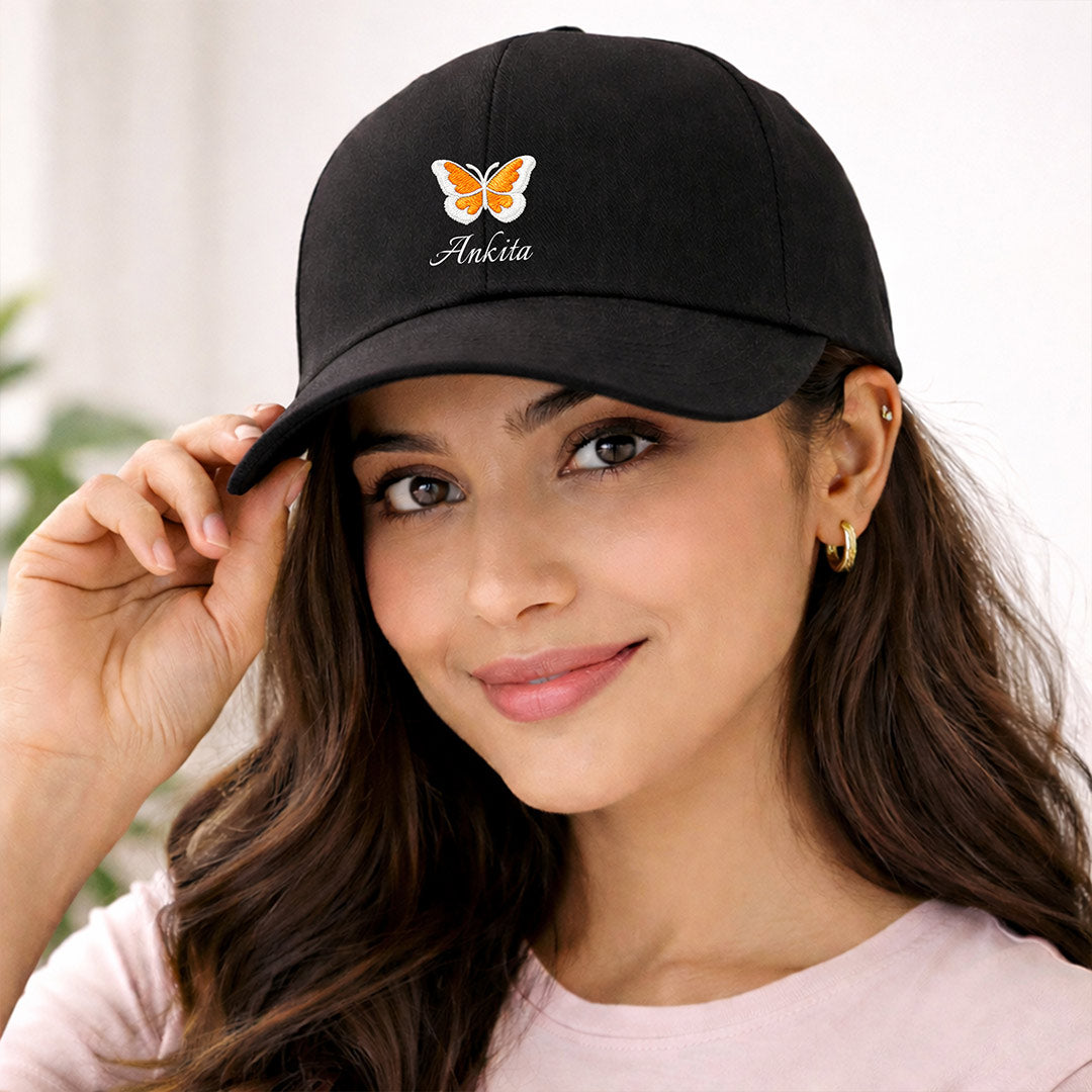 Personalized Butterfly Printed Black Cap – Custom Name Adjustable Baseball Hat for Women & Girls | Love Craft Gifts