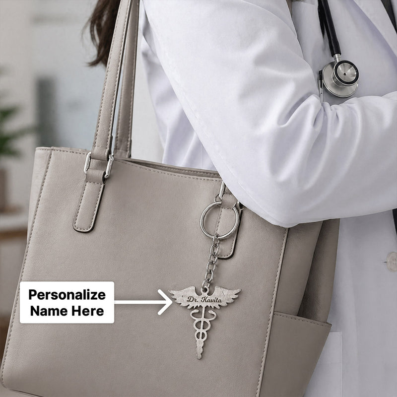 Personalized Doctor Caduceus Metal Keychain with Custom Name – Premium Medical Symbol Keyring Gift for Doctors & MBBS Students (Standard Gift Size) | Love Craft Gifts™