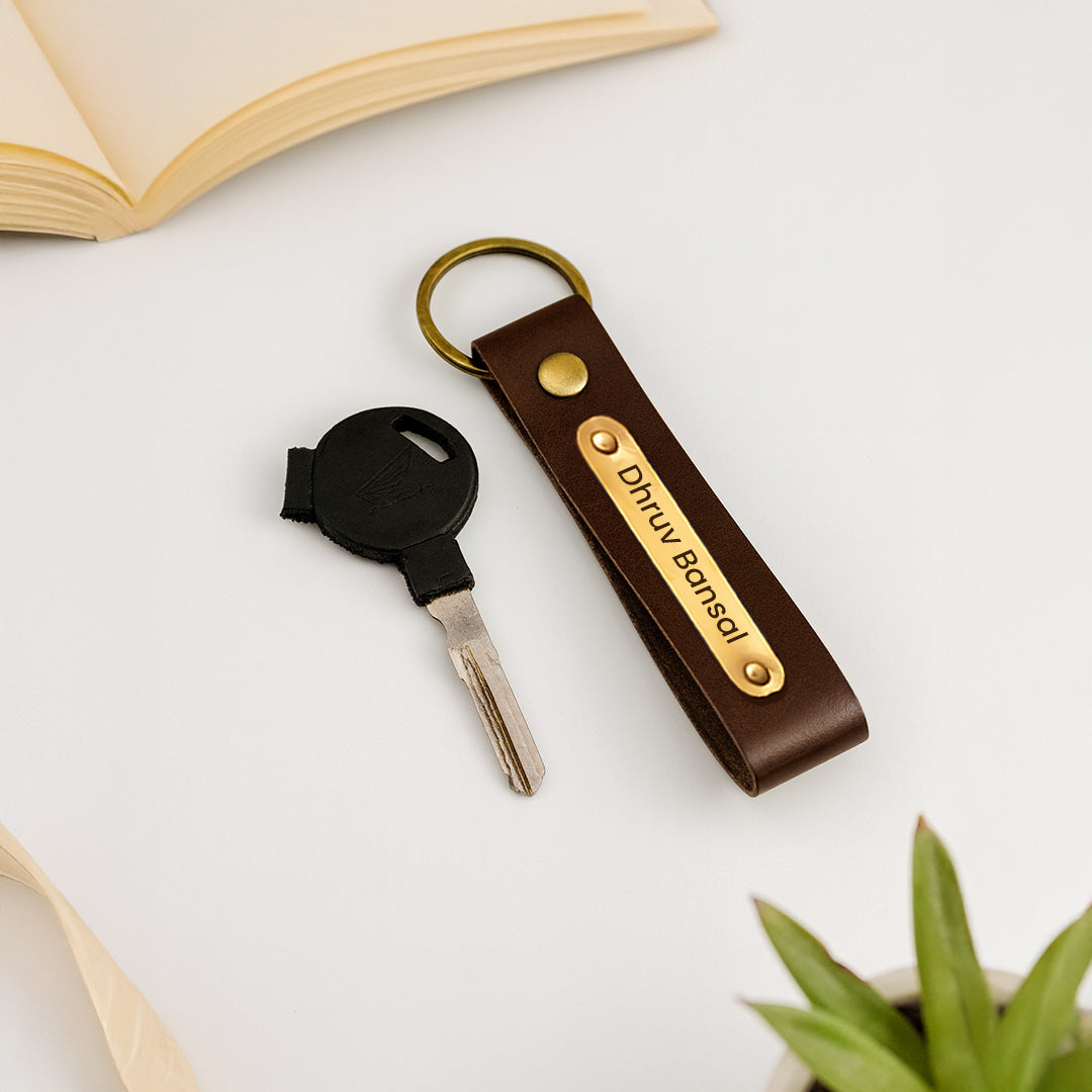 Personalized Leather Keychain with Golden Name Plate | Love Craft Gifts