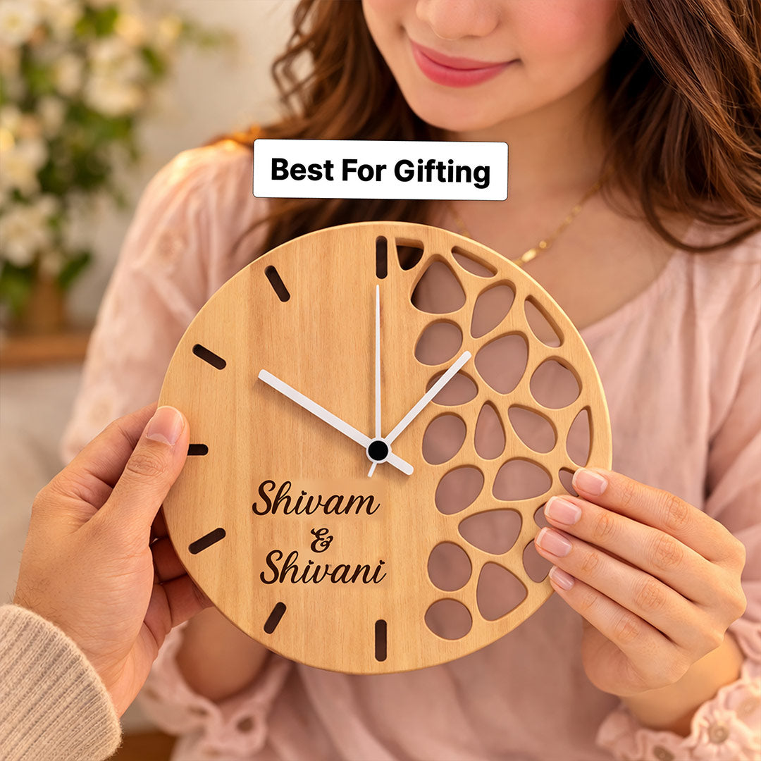 Personalized Couple Wooden Wall Clock – Custom Name Modern Designer Wall Clock (11 Inch) | Love Craft Gifts