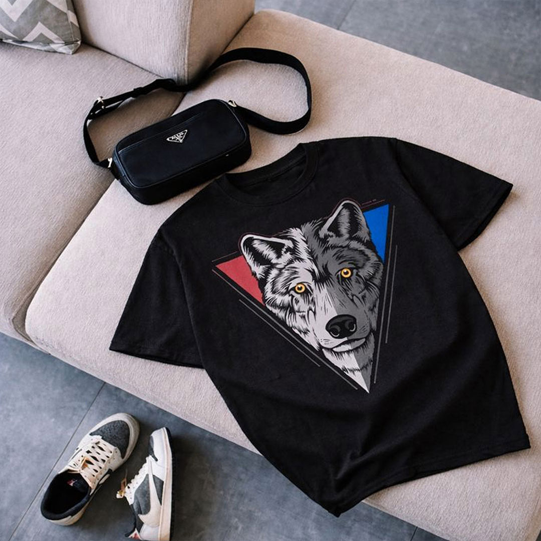 Wolf Face Geometric Print Black T-Shirt