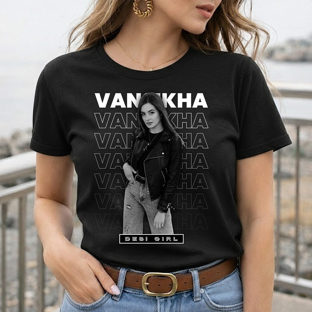 Personalized Desi Girl Name & Photo Black T-Shirt