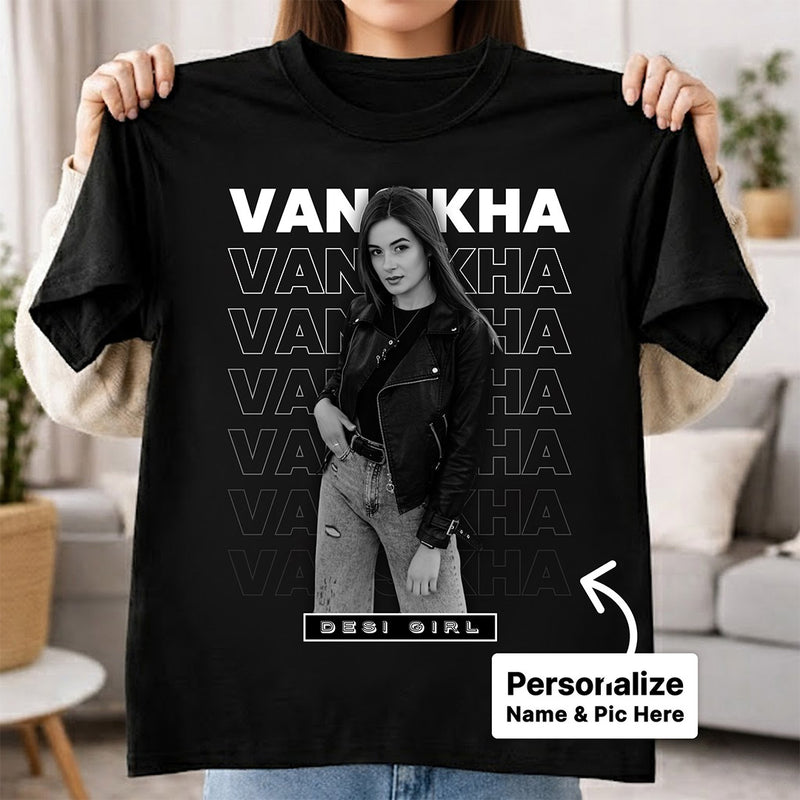 Personalized Desi Girl Name & Photo Black T-Shirt