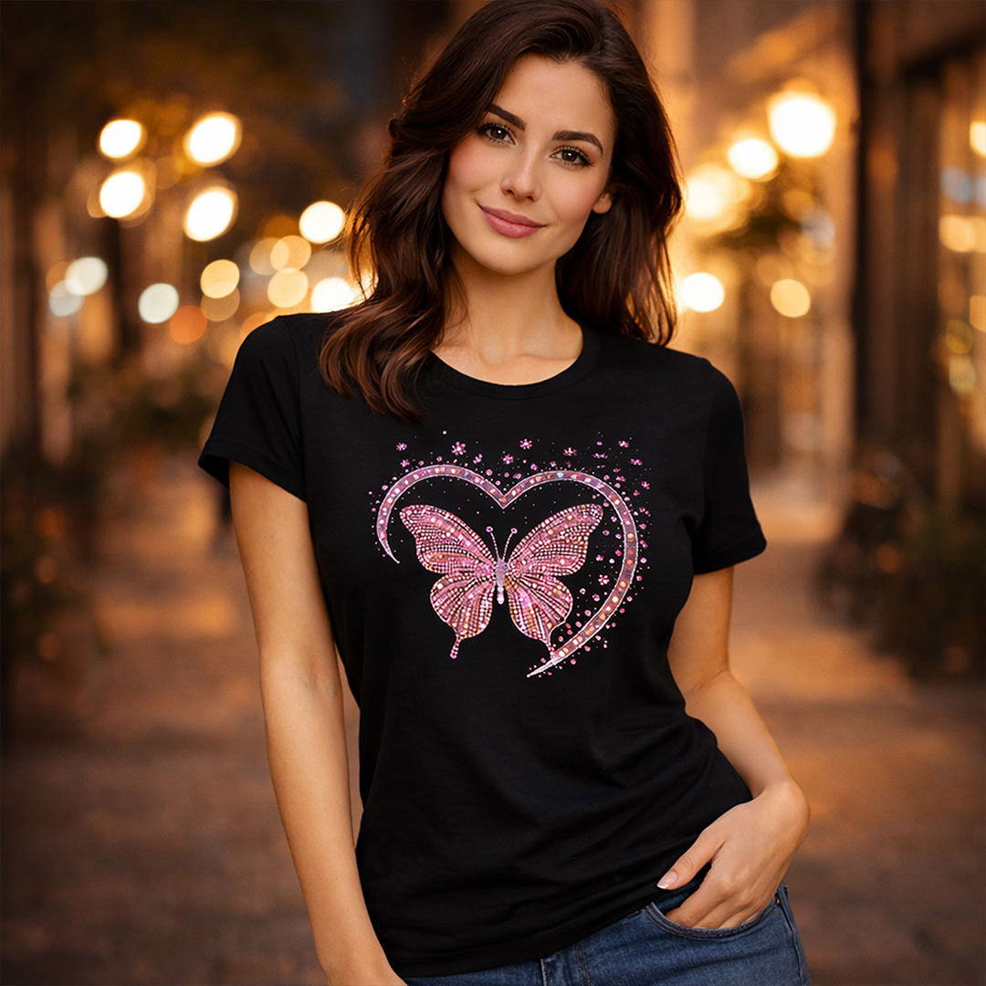 Pink Butterfly Heart Graphic Print Black T-Shirt