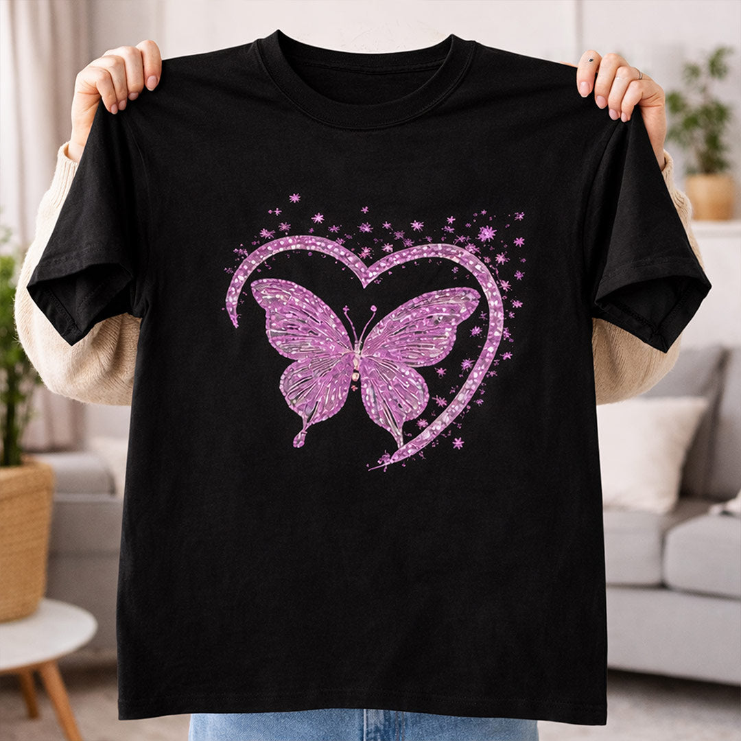 Pink Butterfly Heart Graphic Print Black T-Shirt