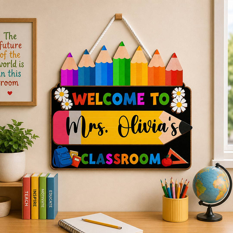 Teacher Classroom Wall Hanging 8x12" | Pencil, Daisy & School Decor | Love Craft Gifts™