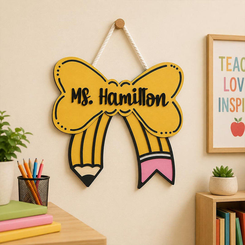 Teacher Name Bow Wall Hanging 8x12" | Yellow Classroom Door Decor | Love Craft Gifts™