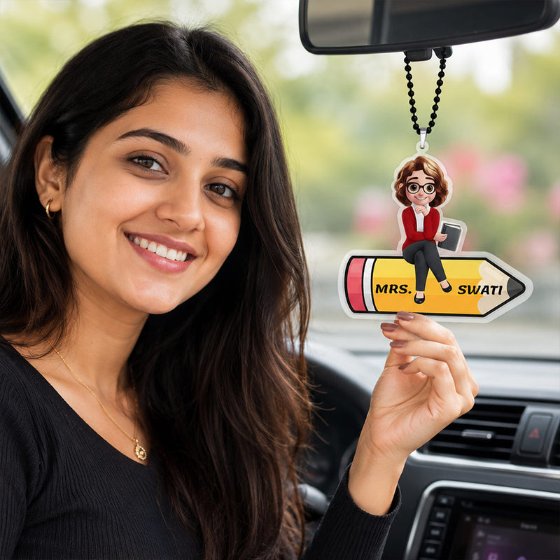 Personalized Teacher Cartoon Car Hanger with Custom Name | Cute Hanging Car Accessory Gift for Teachers, Women & Educators - 3x2.5" | Love Craft Gifts™
