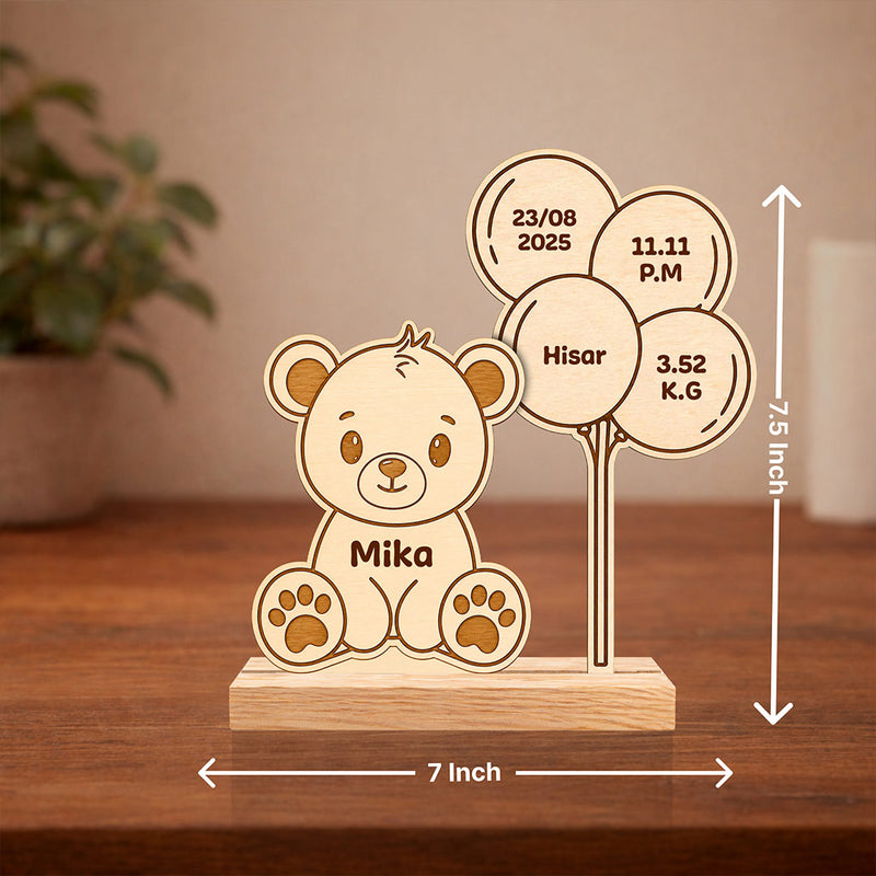 Personalized Wooden Teddy Bear Baby Birth Details Plaque | Custom Newborn Keepsake Gift for Baby Boy, Baby Girl & Parents - 7x7.5" | Love Craft Gifts™