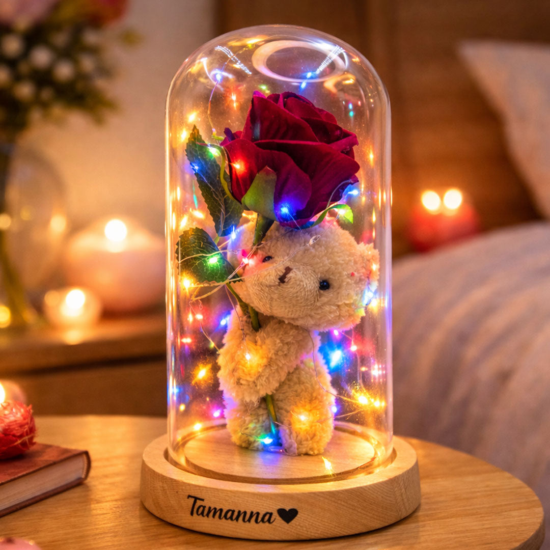 Eternal Rose Glow – Personalized Teddy Dome LED Gift | Love Craft Gifts