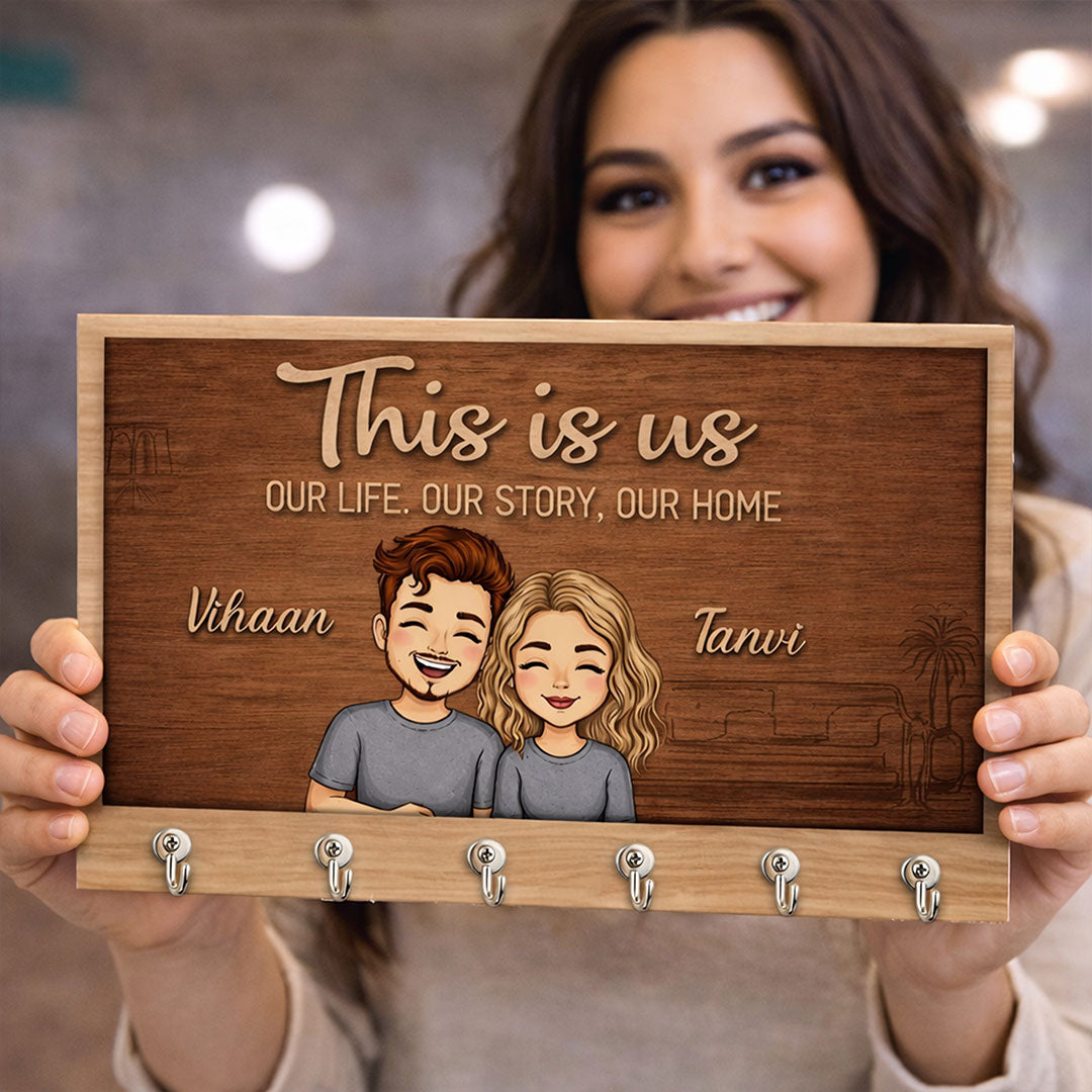 Personalized “This Is Us” Wooden Key Holder – Custom Couple Name Wall Key Hanger (10x6 Inch) | Love Craft Gifts