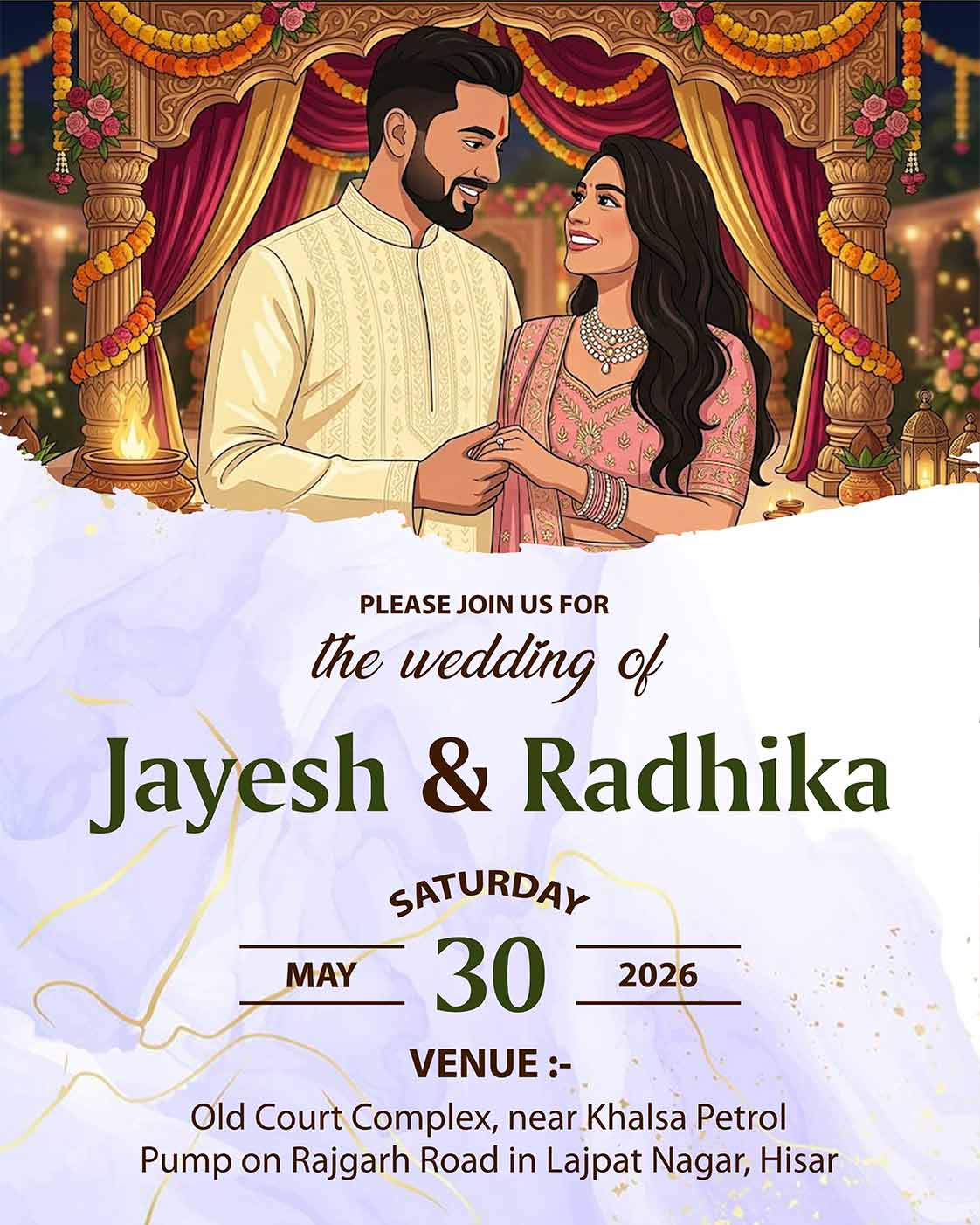Personalized Illustrated Hindu Wedding Invitation Card | Custom Couple Names, Wedding Date & Venue Details | Traditional Shubh Vivaah Digital E-Invite for WhatsApp | Love Craft Gifts™