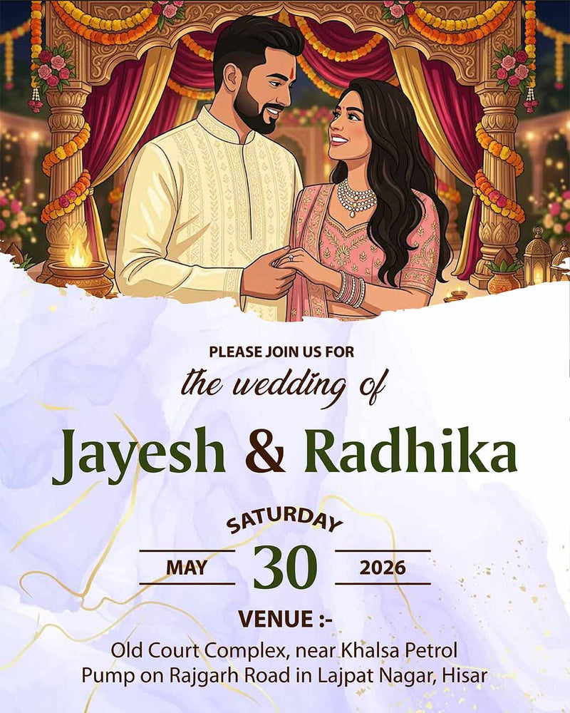 Personalized Illustrated Hindu Wedding Invitation Card | Custom Couple Names, Wedding Date & Venue Details | Traditional Shubh Vivaah Digital E-Invite for WhatsApp | Love Craft Gifts™