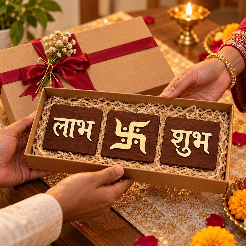 Traditional Shubh Labh Swastik Wall Hanging | Wooden Festive Home Decor Set | Love Craft Gifts™