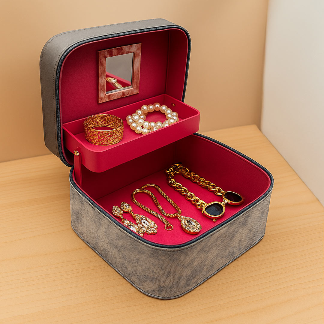 Personalized Grey Faux Leather Jewellery Box with Handle | Love Craft Gifts