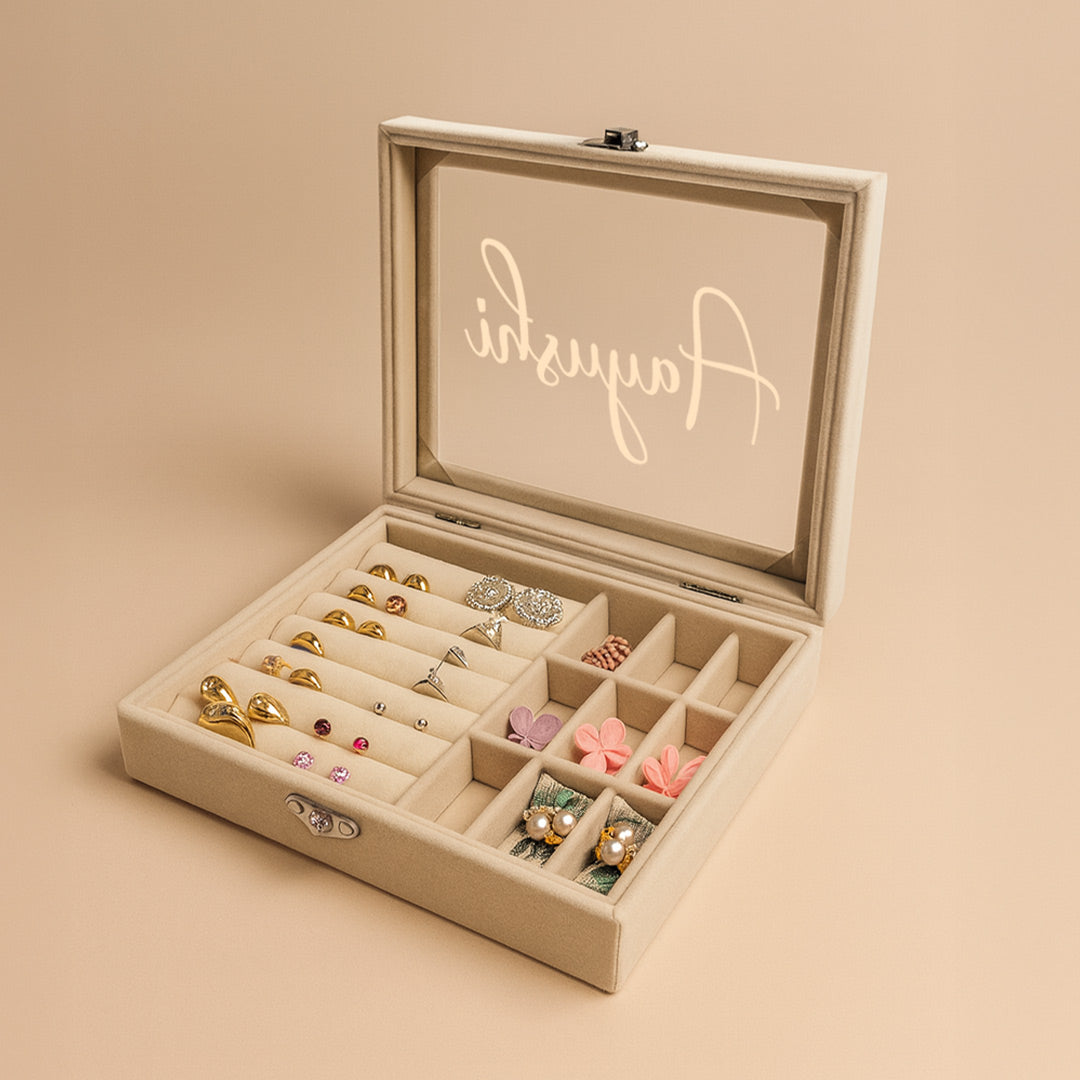 Personalized Beige Velvet Jewellery Organizer Box with Jewellery (According to Availability)| Love Craft Gifts